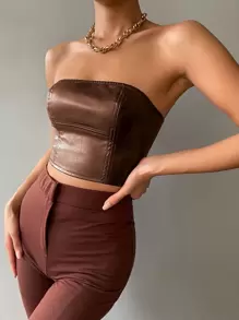Zolique 短款 PU 皮革抹胸 - 咖啡棕 - 查看 4