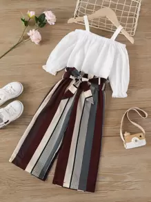 Toddler Girls Cold Shoulder Top & Striped Belted Trousers - Multicolor - View 1