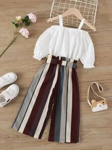 Toddler Girls Cold Shoulder Top & Striped Belted Trousers - Multicolor - View 2