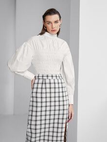 SHEIN Keyhole Back Bishop Sleeve Shirred Top - White - View 2