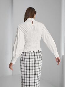 SHEIN Keyhole Back Bishop Sleeve Shirred Top - White - View 3
