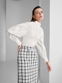 SHEIN Keyhole Back Bishop Sleeve Shirred Top - White - View 1