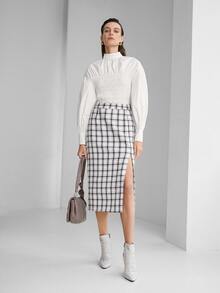 SHEIN Keyhole Back Bishop Sleeve Shirred Top - White - View 4