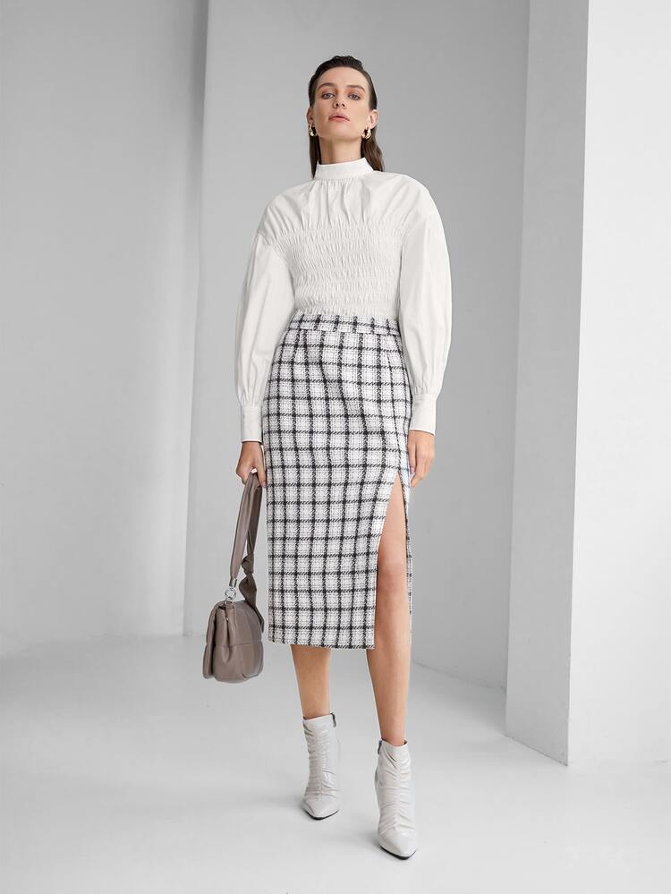 SHEIN Keyhole Back Bishop Sleeve Shirred Top - White - View 4