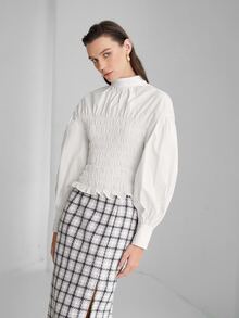 SHEIN Keyhole Back Bishop Sleeve Shirred Top - White - View 5