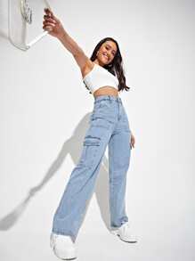 SHEIN EZwear 高腰翻蓋口袋工裝牛仔褲 - 淺色水洗藍 - 查看 3