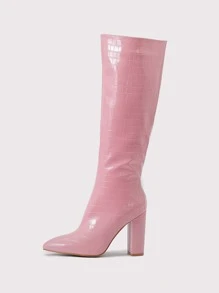 Fall/Winter Minimalist Crocodile Embossed Side Zipper Classic Boots, Fashionable Pink Women's Boots,Party