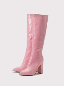 Fall/Winter Minimalist Crocodile Embossed Side Zipper Classic Boots, Fashionable Pink Women's Boots,Party