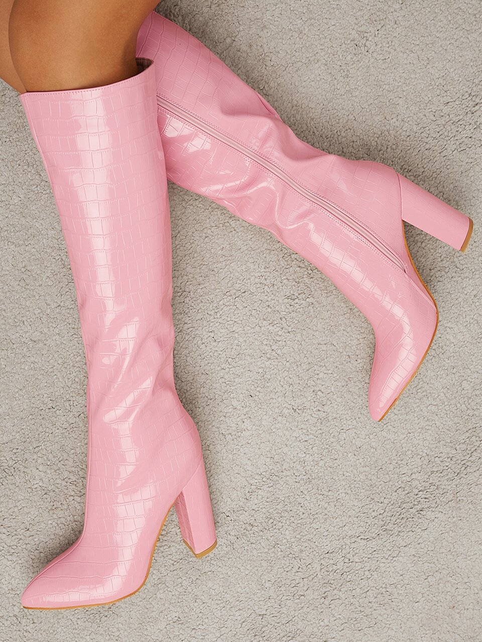 Fall/Winter Minimalist Crocodile Embossed Side Zipper Classic Boots, Fashionable Pink Women's Boots,Party
