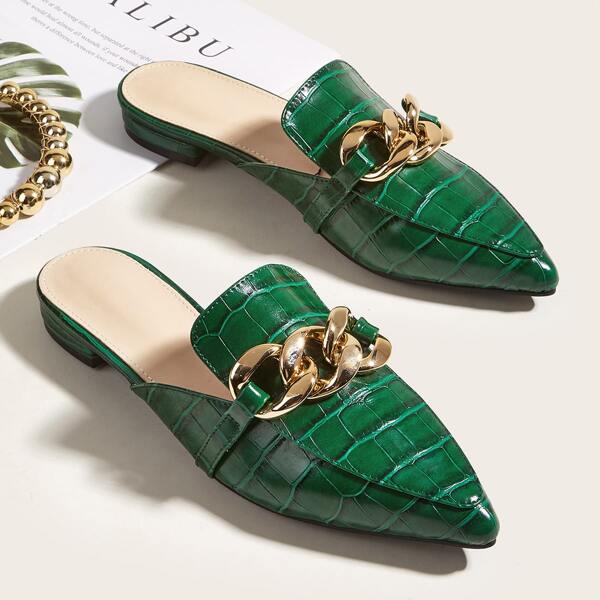 

Croc Embossed Chain Decor Point Toe Flat Mules, Green