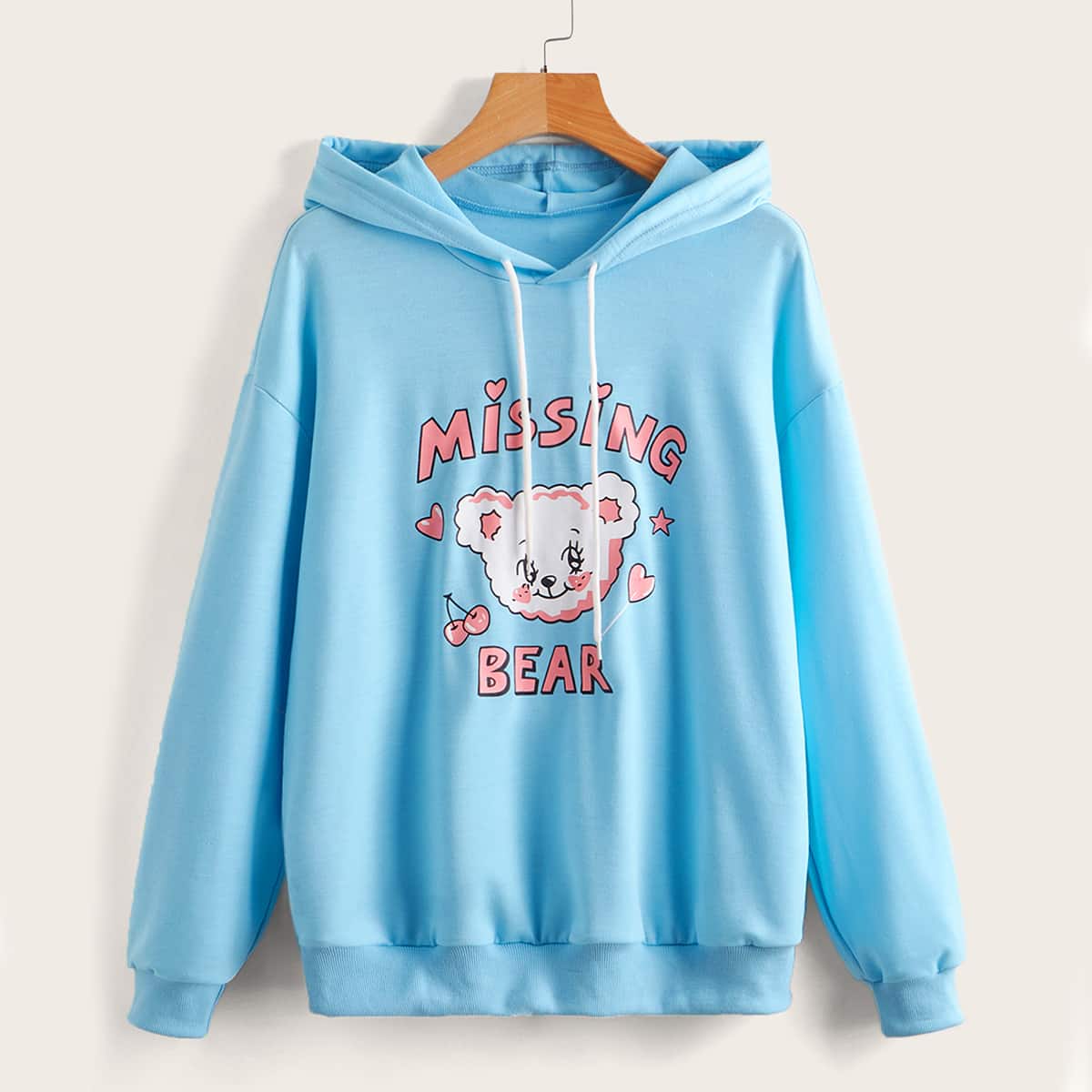 

Letter Cartoon Graphic Drawstring Hoodie, Baby blue