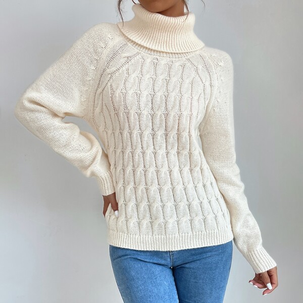 

Turtleneck Cable Knit Raglan Sleeve Sweater, Beige
