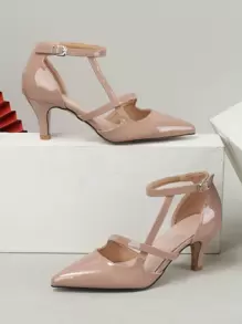 Tacones de punta minimalistas con correa de tobillo, zapatos de tacón alto de mujer de unicolor de color rosa loto a la moda, elegantes, de tacón de gatito - Rosa vieja - Ver 1