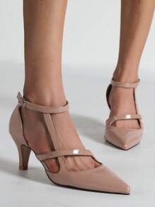 Tacones de punta minimalistas con correa de tobillo, zapatos de tacón alto de mujer de unicolor de color rosa loto a la moda, elegantes, de tacón de gatito - Rosa vieja - Ver 3