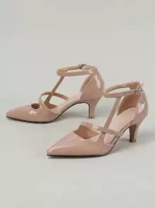 Tacones de punta minimalistas con correa de tobillo, zapatos de tacón alto de mujer de unicolor de color rosa loto a la moda, elegantes, de tacón de gatito - Rosa vieja - Ver 4