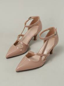 Tacones de punta minimalistas con correa de tobillo, zapatos de tacón alto de mujer de unicolor de color rosa loto a la moda, elegantes, de tacón de gatito - Rosa vieja - Ver 5