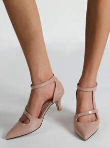 Tacones de punta minimalistas con correa de tobillo, zapatos de tacón alto de mujer de unicolor de color rosa loto a la moda, elegantes, de tacón de gatito - Rosa vieja - Ver 6