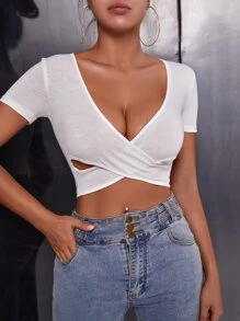 SHEIN SXY Camisetas de Mujer Pliegos Liso Sexy - Blanco - Ver 1