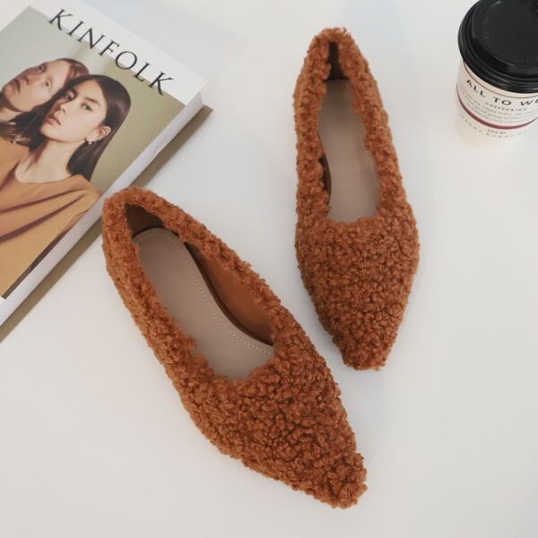 

Minimalist Point Toe Fluffy Slip-On Flats, Brown