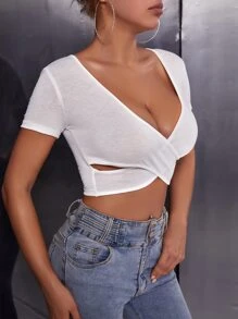 SHEIN SXY Camisetas de Mujer Pliegos Liso Sexy - Blanco - Ver 3