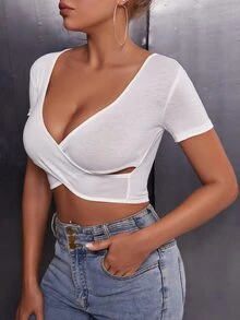 SHEIN SXY Camisetas de Mujer Pliegos Liso Sexy - Blanco - Ver 4