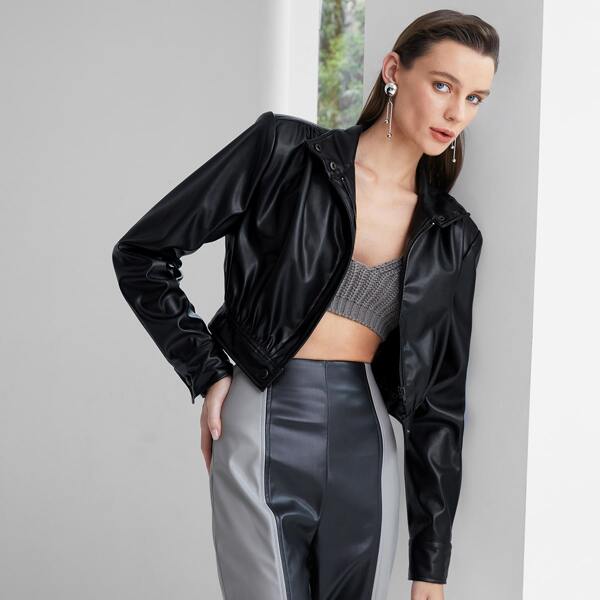 

Ruched Zip Up PU Leather Jacket, Black