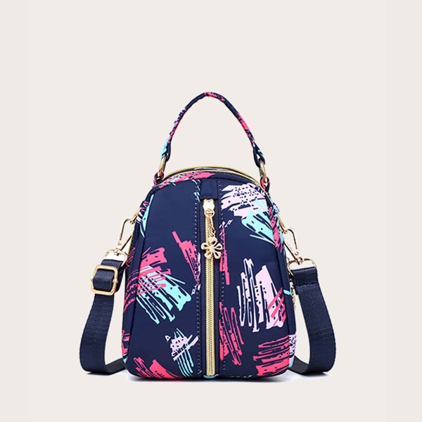 

Brush Print Flower Zip Satchel Bag, Multicolor