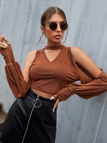 SHEIN Privé 鎖眼領口挖肩短款T恤 - 鏽棕色 - 查看 1