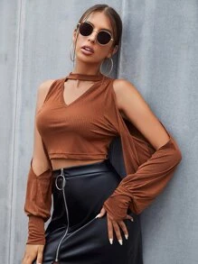 SHEIN Privé 鎖眼領口挖肩短款T恤 - 鏽棕色 - 查看 3