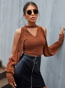 SHEIN Privé 鎖眼領口挖肩短款T恤 - 鏽棕色 - 查看 4