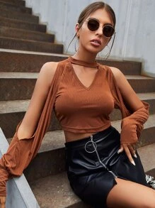 SHEIN Privé 鎖眼領口挖肩短款T恤 - 鏽棕色 - 查看 5