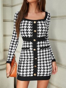 SHEIN Privé 千鳥格單排釦方領緊身洋裝 - 黑與白 - 查看 1