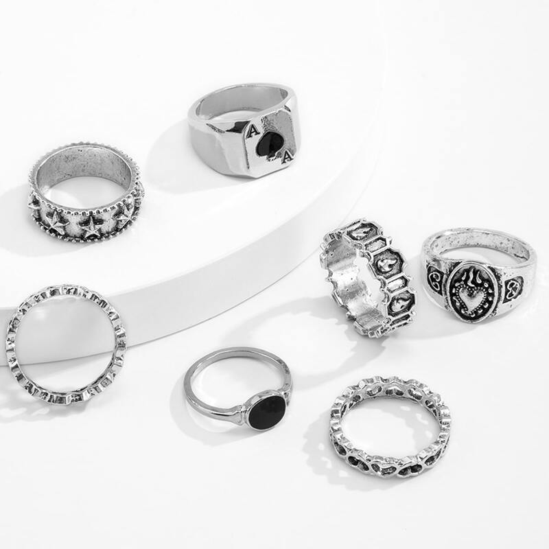 

7pcs Playing Card Decor Ring, Antique silver