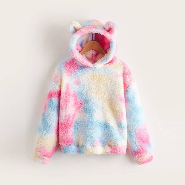 

Girls Tie Dye Drop Shoulder 3D Ear Patched Flannel Hoodie, Multicolor