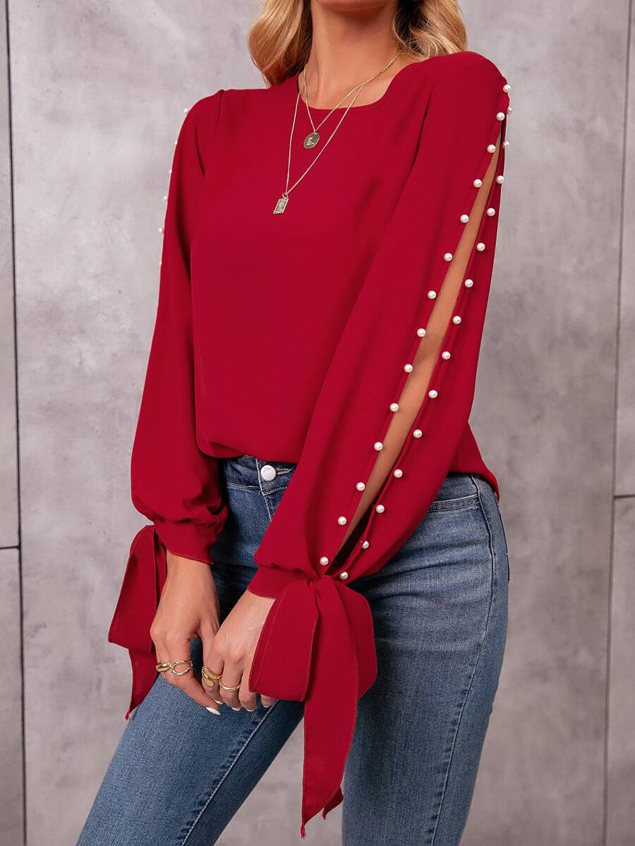 SHEIN LUNE Pearl Beaded Tie Cuff Slit Sleeve Blouse - Burgundy - View 1
