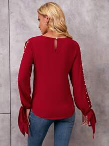 SHEIN LUNE Pearl Beaded Tie Cuff Slit Sleeve Blouse - Burgundy - View 2