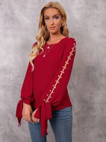 SHEIN LUNE Pearl Beaded Tie Cuff Slit Sleeve Blouse - Burgundy - View 3
