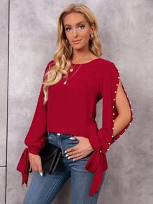 SHEIN LUNE Pearl Beaded Tie Cuff Slit Sleeve Blouse - Burgundy - View 4