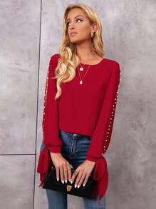 SHEIN LUNE Pearl Beaded Tie Cuff Slit Sleeve Blouse - Burgundy - View 6