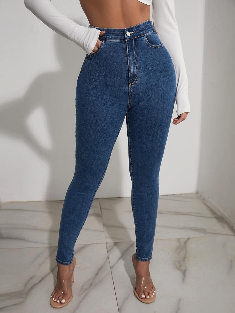 Jeans ajustados con tira cruzada con cordón trasero - Azul lavado medio - Añade 3