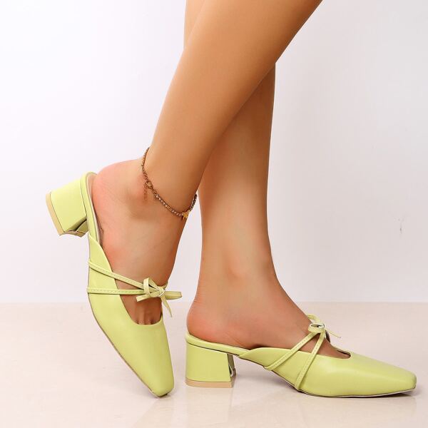

Minimalist Bow Decor Chunky Heeled Mules, Green