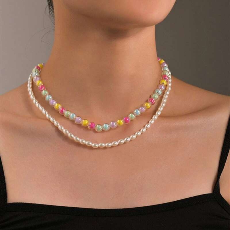 

2pcs Faux Pearl Beaded Necklace, Gold