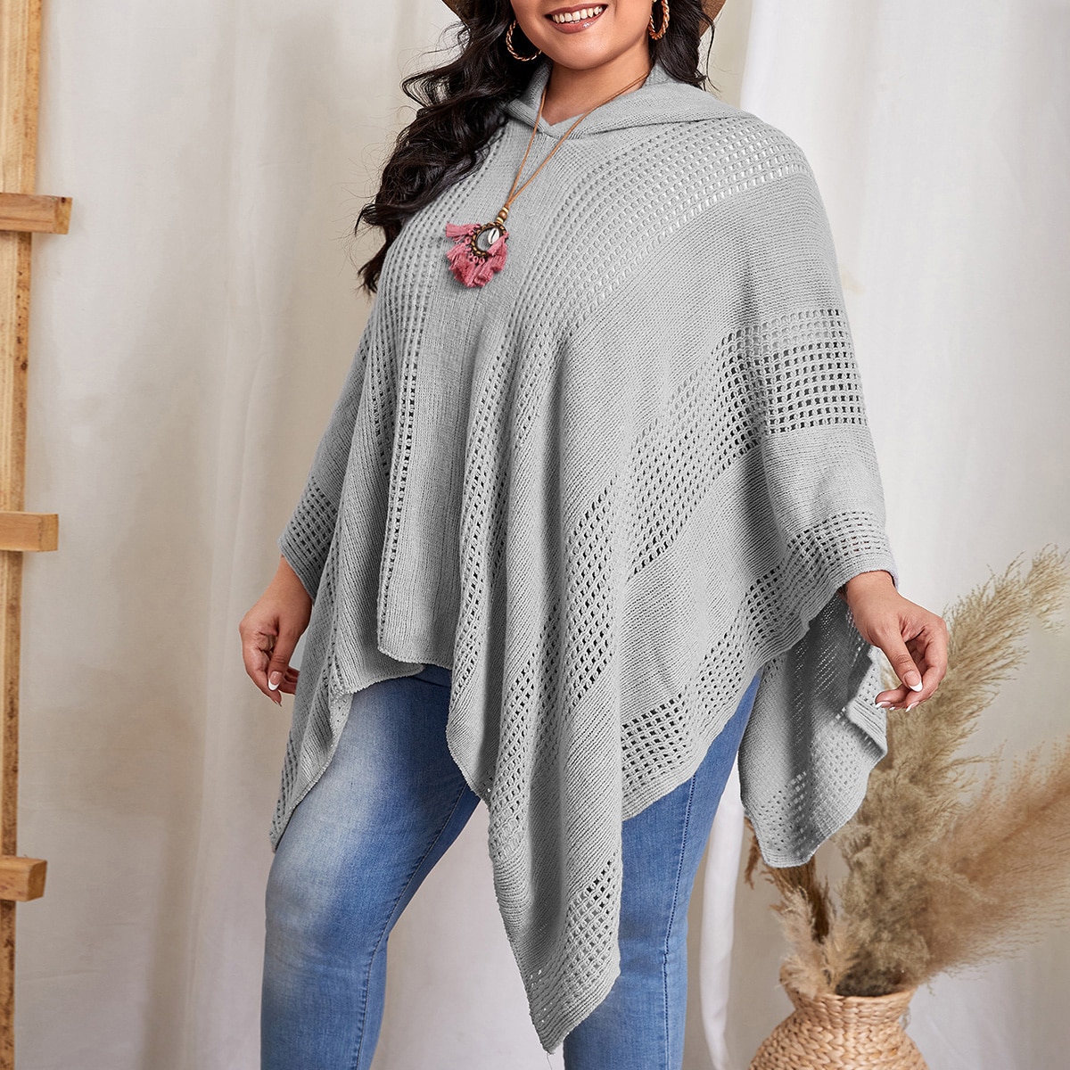 размера плюс Пончо с капюшоном вязаный