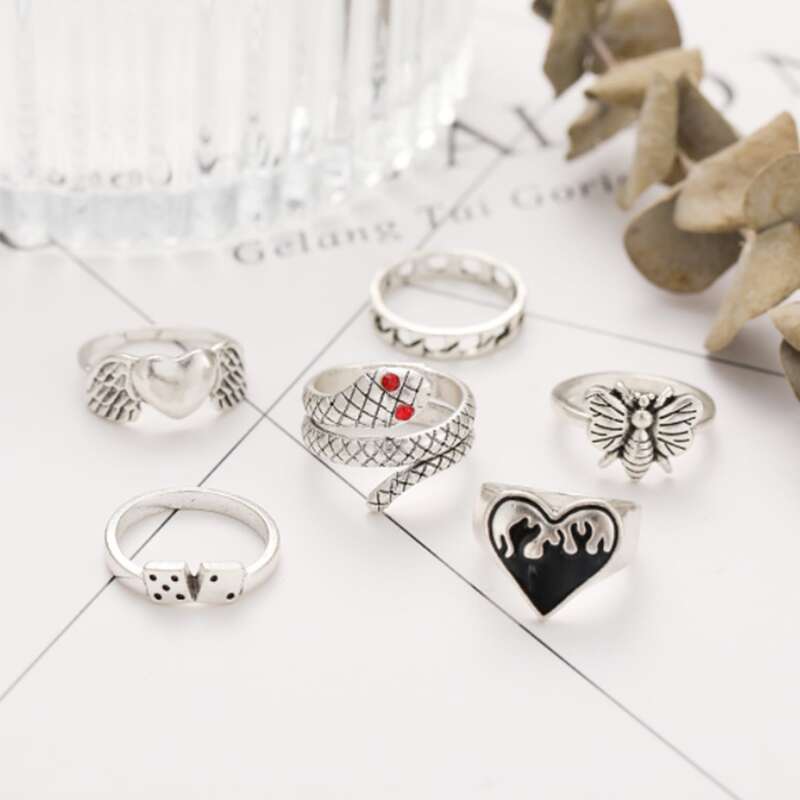 

6pcs Heart Decor Ring, Silver