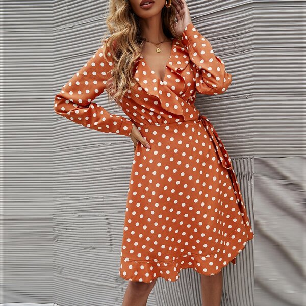 

Polka Dot Ruffle Trim Wrap Knot Side Dress, Burnt orange