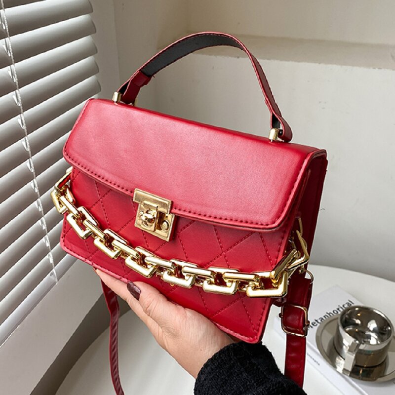 

Chain Decor Quilted Flap Satchel Bag, Red