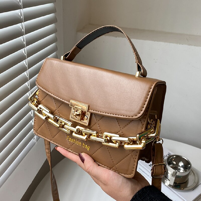 

Chain Decor Quilted Flap Satchel Bag, Brown