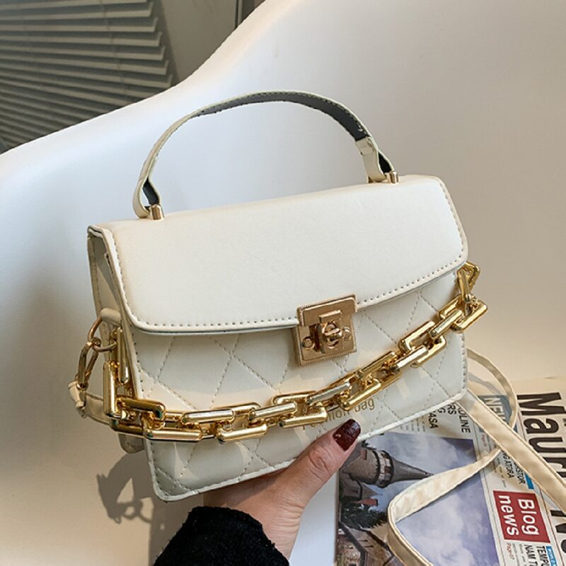 

Chain Decor Quilted Flap Satchel Bag, White