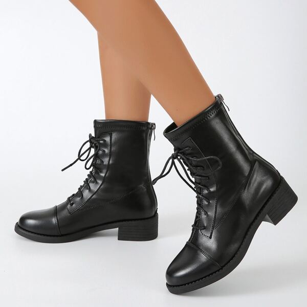 

Minimalist Back Zipper Lace Up Decor Combat Boots, Black