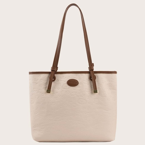 

Minimalist Cartoon Embossed Shoulder Tote Bag, Beige